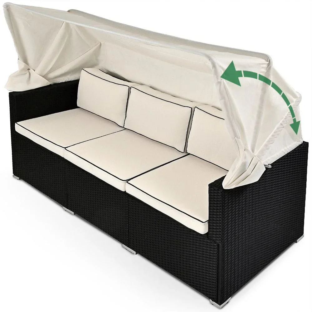 Polyrattan Sofa - Schwarz-Creme - 210x70x70cm - Mit Sonnendach - 2