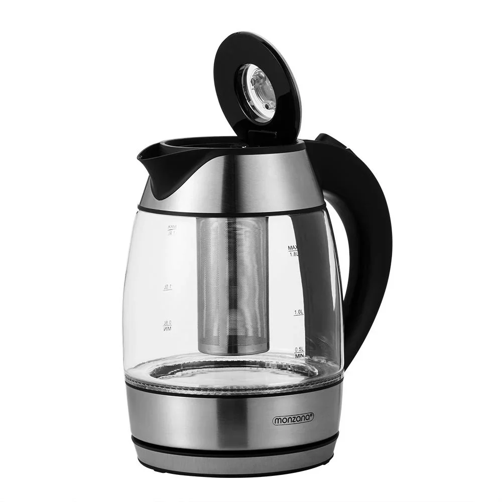 Wasserkocher silber/schwarzes Glas 1,8L inkl. Teesieb - 2