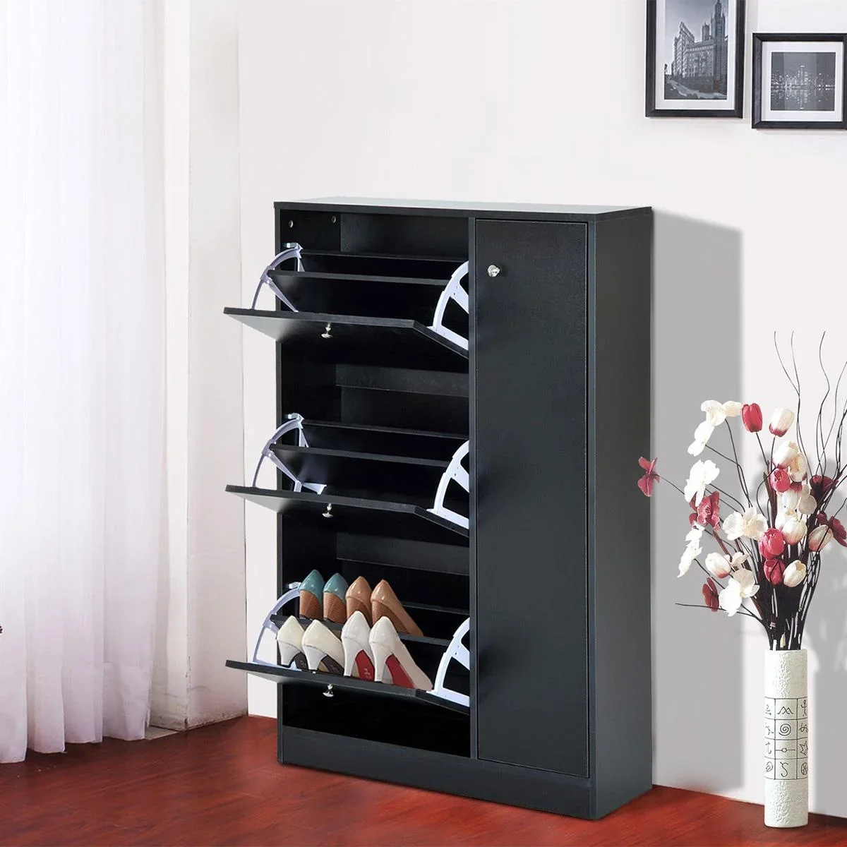 Schuhschrank Schuhkipper Schuhständer Schuhregal mit 3 Klappe und Anti-Rückwärts-Zugbügel 22-28 Paar 80x24x120cm Schwarz - 0