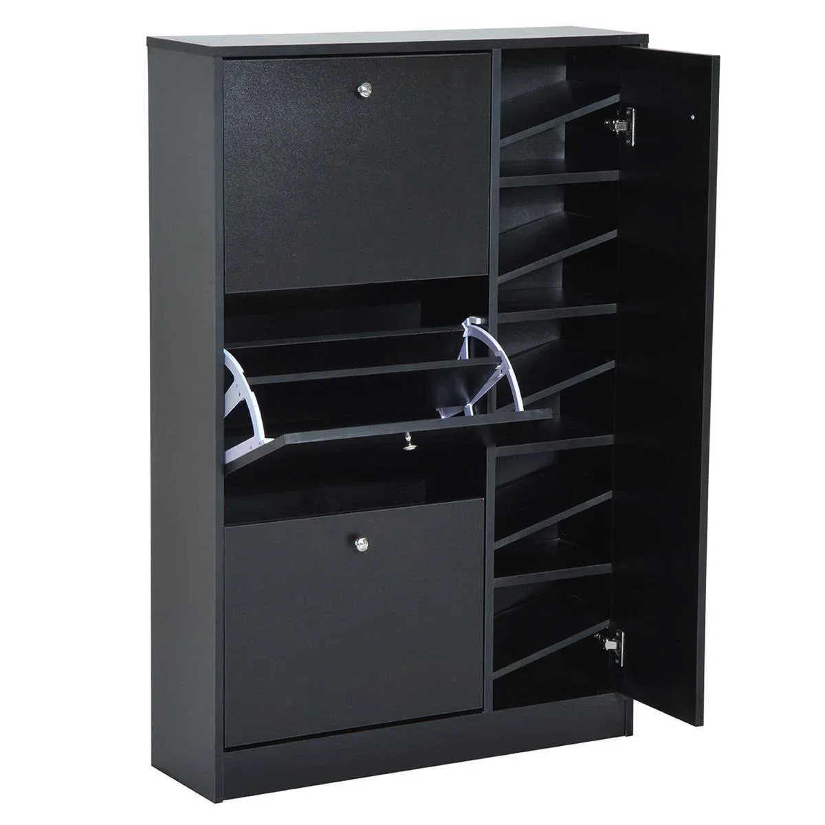 Schuhschrank Schuhkipper Schuhständer Schuhregal mit 3 Klappe und Anti-Rückwärts-Zugbügel 22-28 Paar 80x24x120cm Schwarz - 1