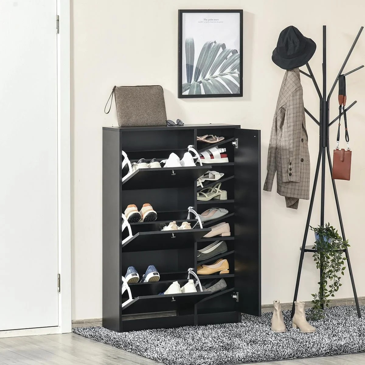 Schuhschrank Schuhkipper Schuhständer Schuhregal mit 3 Klappe und Anti-Rückwärts-Zugbügel 22-28 Paar 80x24x120cm Schwarz - 2