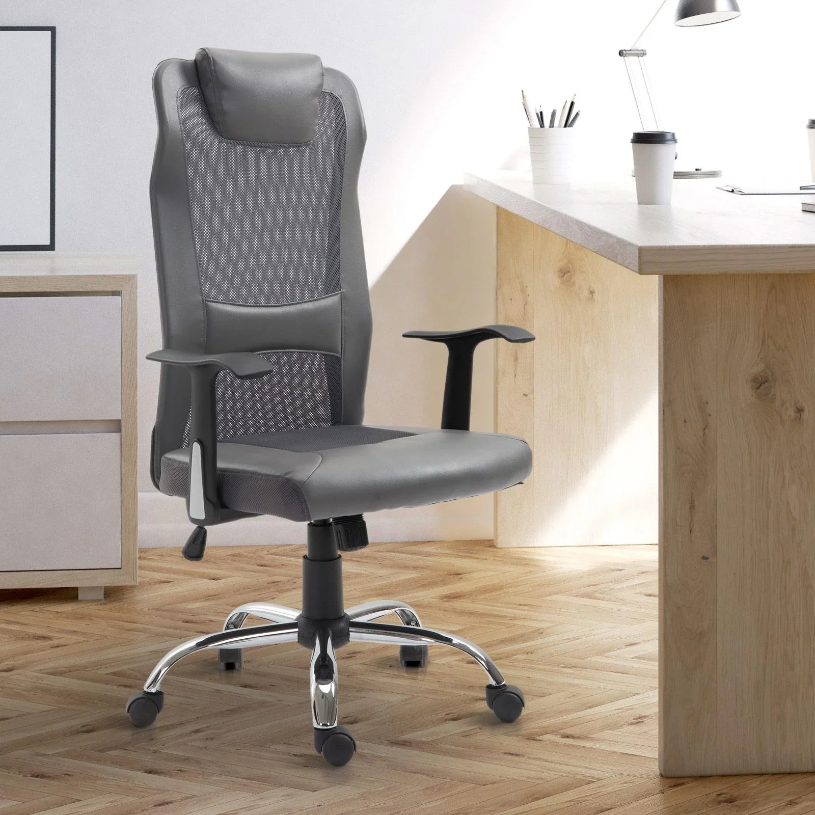 Bürostuhl höhenverstellbar Chefsessel Schreibtischstuhl Gaming Stuhl ergonomisch PU grau - 4