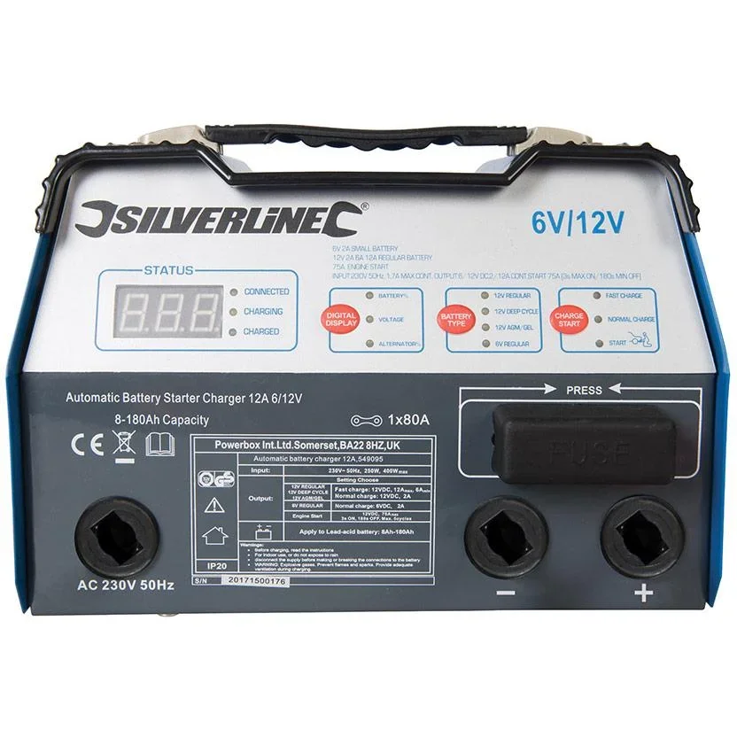 Automatischer Batteriestarter/Ladegerät, 12 A, 6/12 V 8 - 180 Ah EU-Kapazität - 0