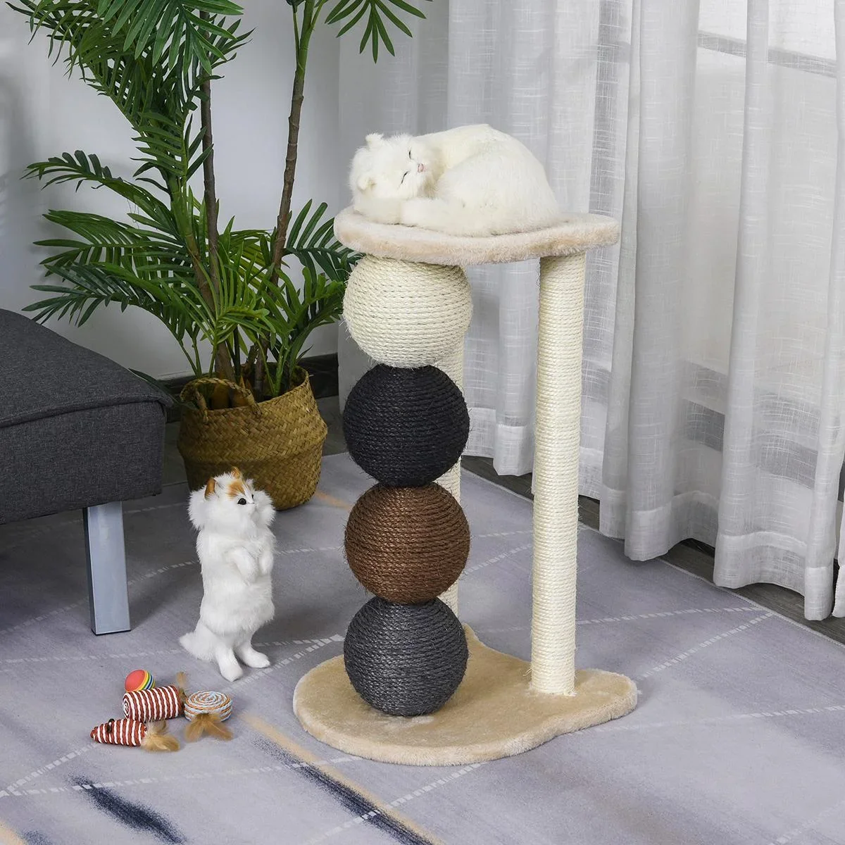 Kratzbaum mit Plattform, Kratzbaum mit 2 Sisalpfosten und 4 Sisalbällen, E1 Spanplatte 38 x 38 x 64 cm - 0