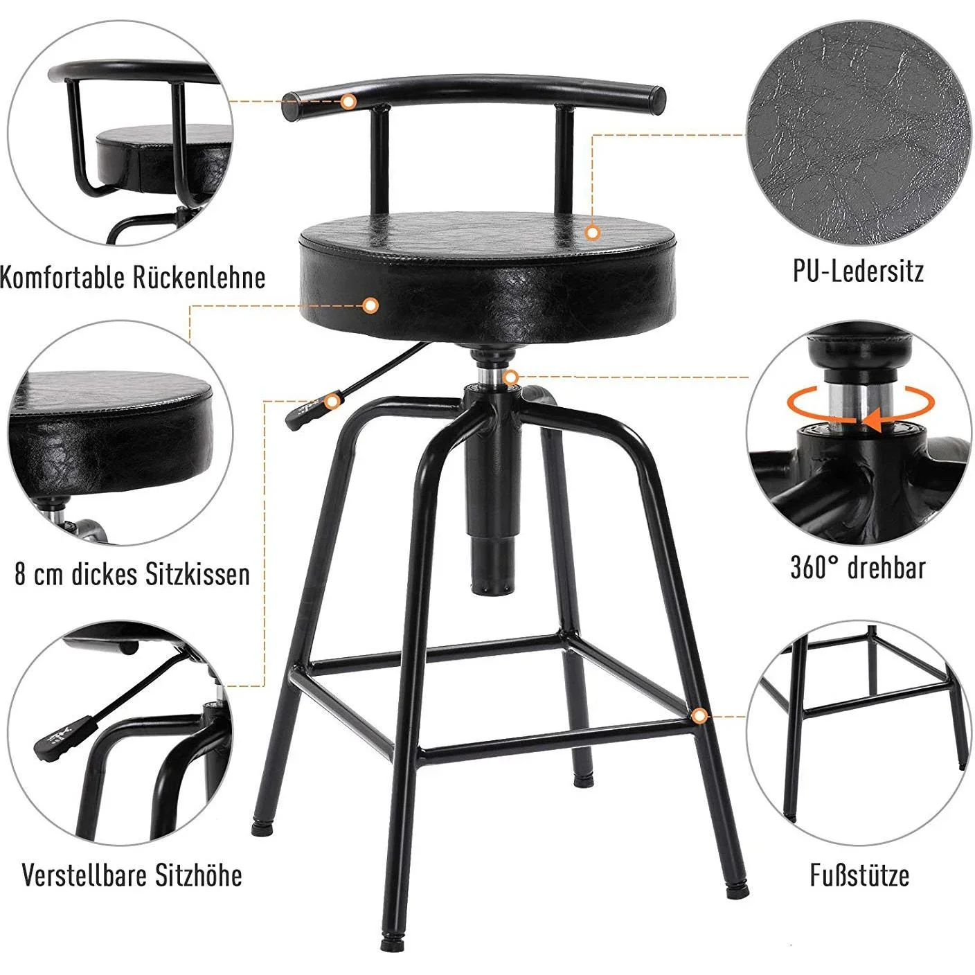 Barstuhl Barhocker mit Luftdruckfeder höhenverstellbar PU Metallgestell 38 x 43 x (74 82) cm - 0