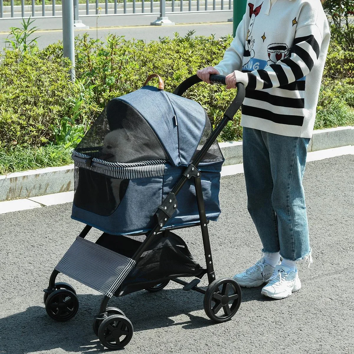 2-in-1 Hundebuggy Transporttasche Katzenbuggy mit Universal Rad abnehmbar Abdeckung Oxford Dunkelblau+Schwarz 77,5 x 51 - 0