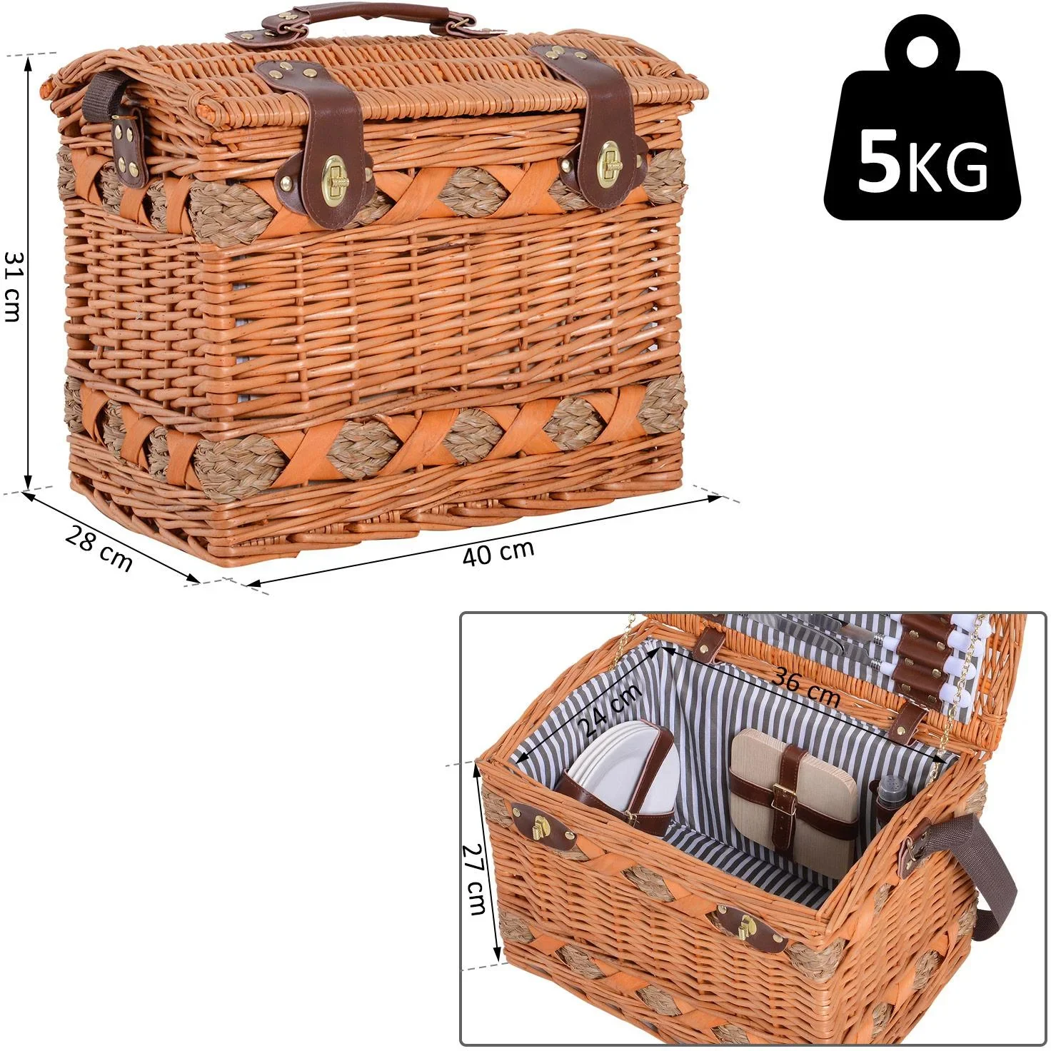 Picknickkorb für 4 Personen Picknickkoffer Picknickset Weidenkorb mit Käsebrett Utensilien Glas - 0
