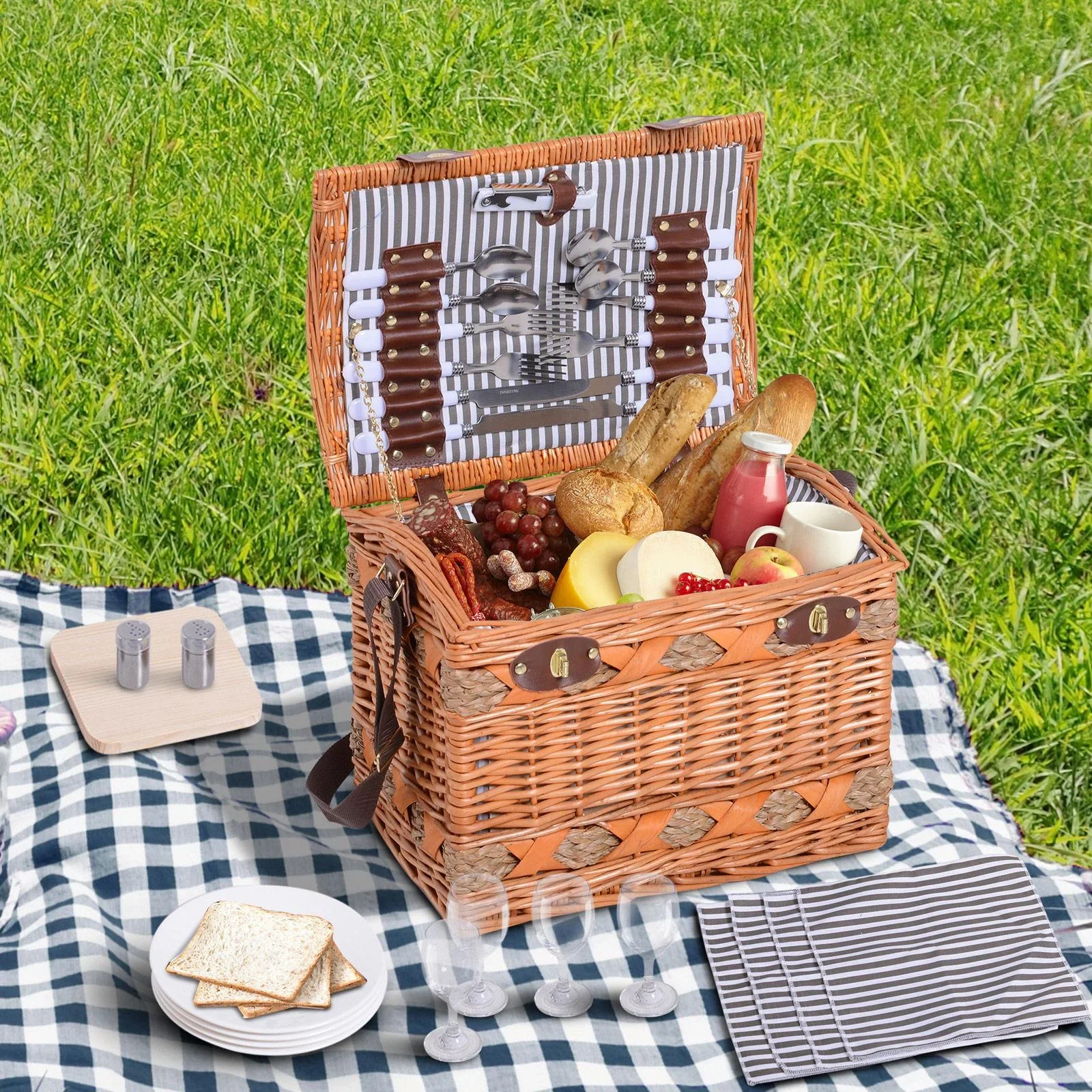Picknickkorb für 4 Personen Picknickkoffer Picknickset Weidenkorb mit Käsebrett Utensilien Glas - 4