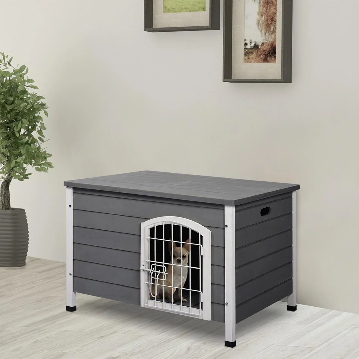 Hundehütte Hundehaus mit Tür Hundebox Gitterbox TransportKäfig für Katzen Hasen Grau Tanne 80x55x53,5 cm - 0