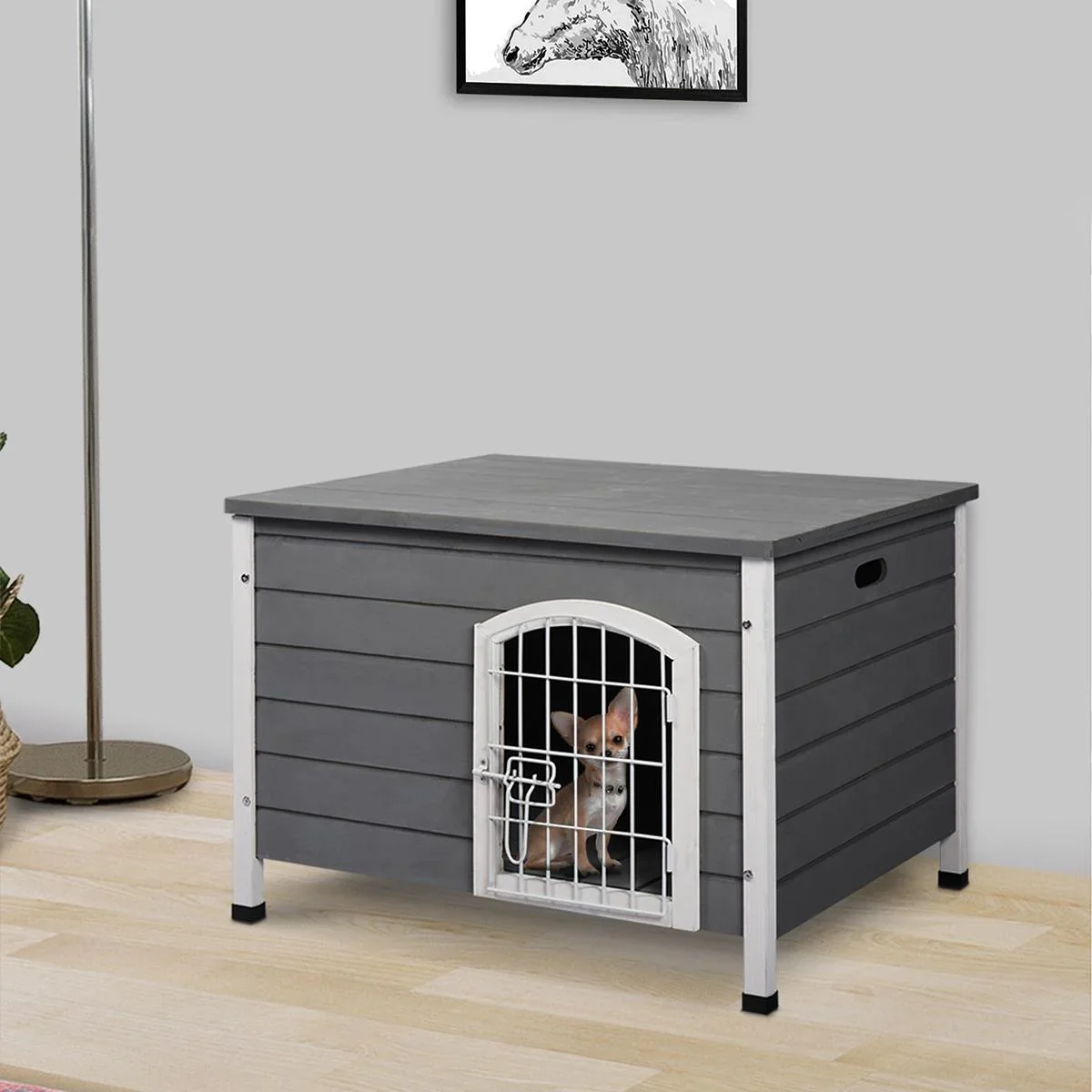 Hundehütte Hundehaus mit Tür Hundebox Gitterbox TransportKäfig für Katzen Hasen Grau Tanne 80x55x53,5 cm - 2