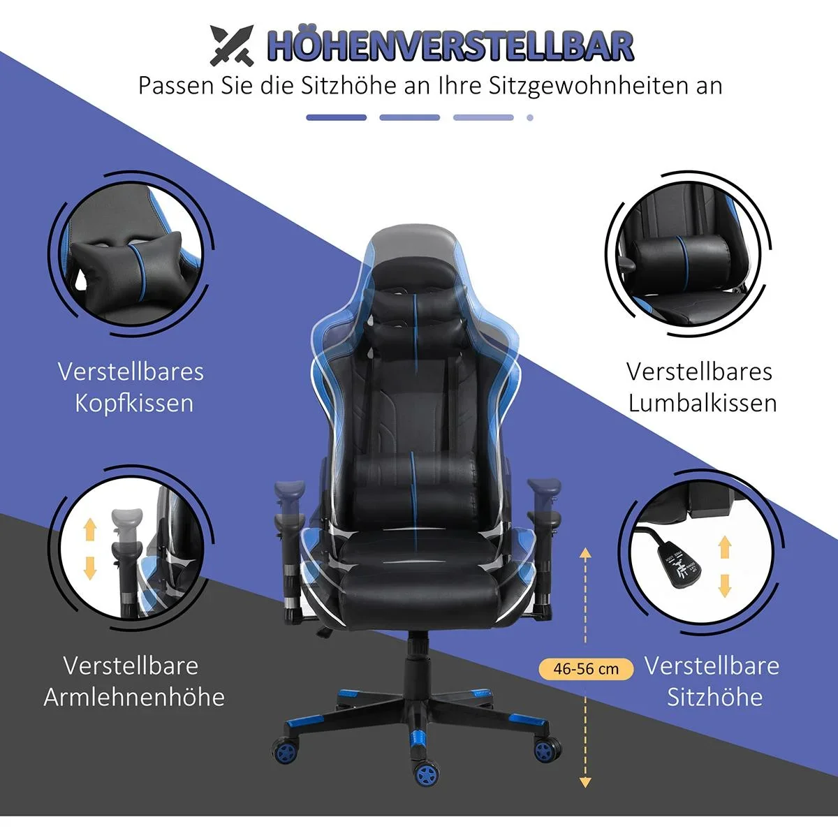 Gamingstuhl ergonomisch geformt Blau, Schwarz - 2