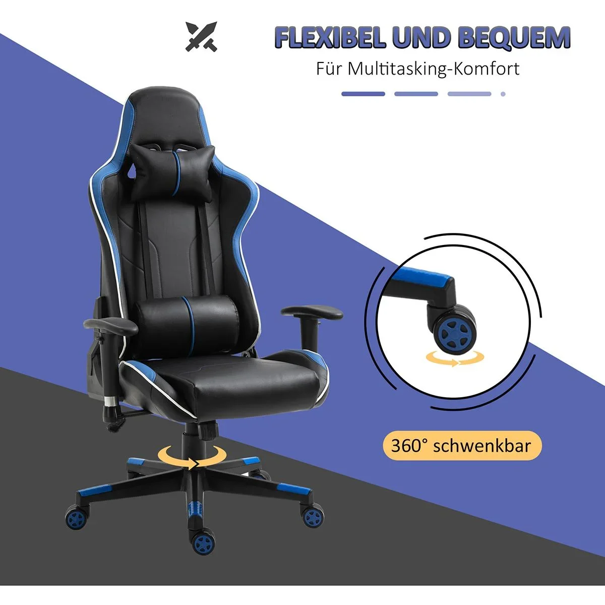 Gamingstuhl ergonomisch geformt Blau, Schwarz - 6