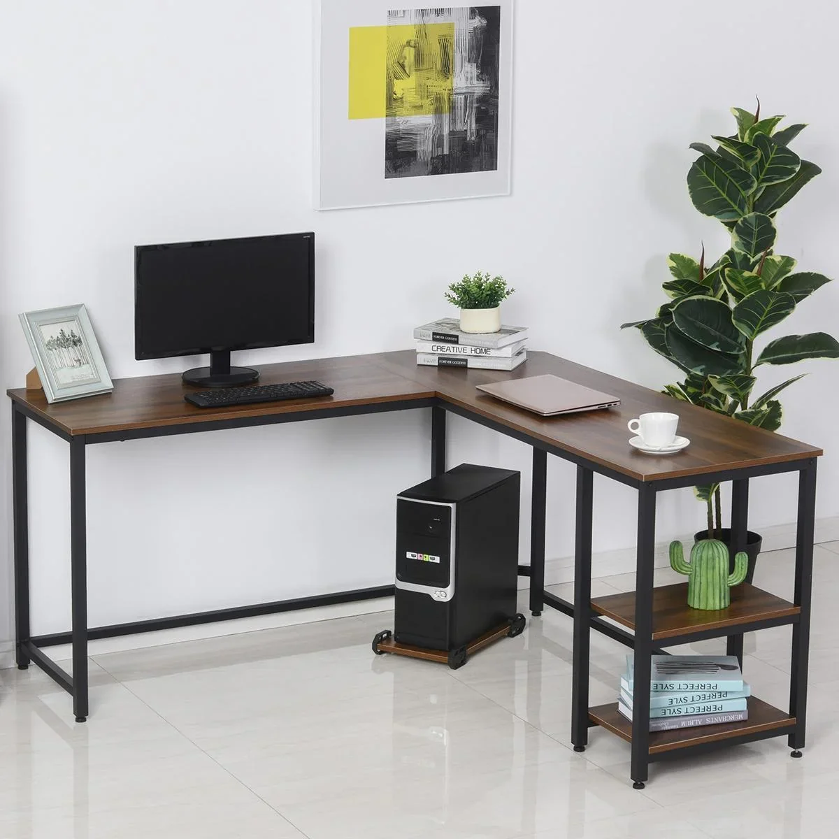 Computertisch, L-förmiger Eckschreibtisch, Schreibtisch, Bürotisch, MDF+Stahl, Walnussfarbe+Schwarz, 150 x 150 x 76 cm - 0