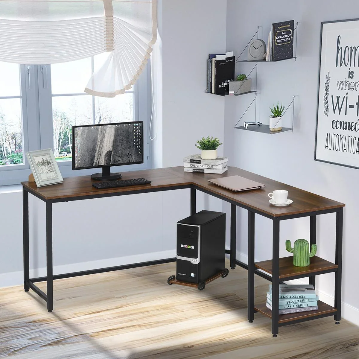 Computertisch, L-förmiger Eckschreibtisch, Schreibtisch, Bürotisch, MDF+Stahl, Walnussfarbe+Schwarz, 150 x 150 x 76 cm - 1