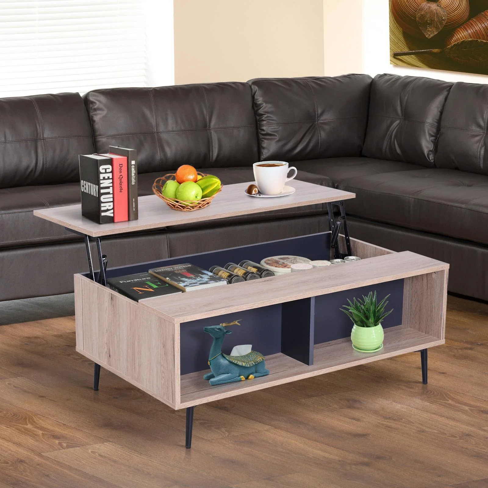 Beistelltisch Couchtisch Tischplatte höhenverstellbar ausklappbar mit Regal Staufach Holz 100 x 58 x (39,3 52,7) cm - 4