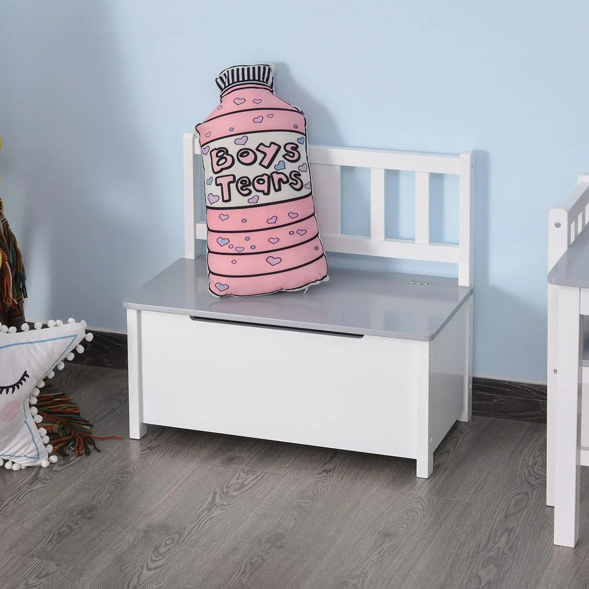 Spielzeugkiste, Aufbewahrungstruhe, Sitzbank mit Stauraum, Truhenbank, Massivholzbeine, ab 3 Jahren, Grau, 60 x 30 x 55 - 2