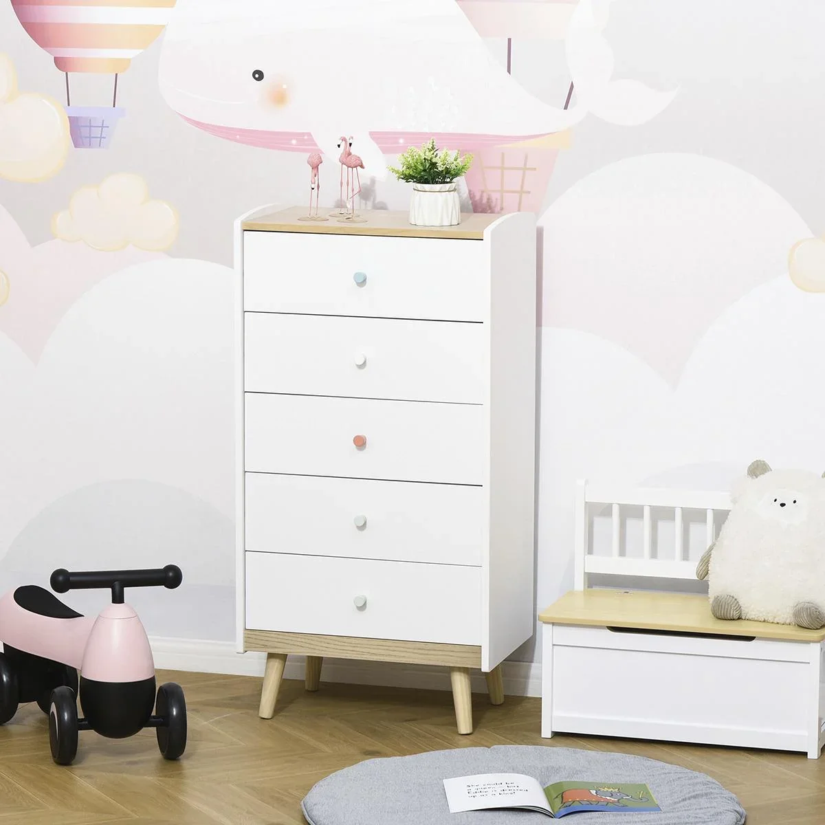 Kinder Kommode mit 5 Schubladen Griff Schubladenschrank für Kinder ab 3 Jahren Kinderschrank mit Antikippvorrichtung Kie - 2