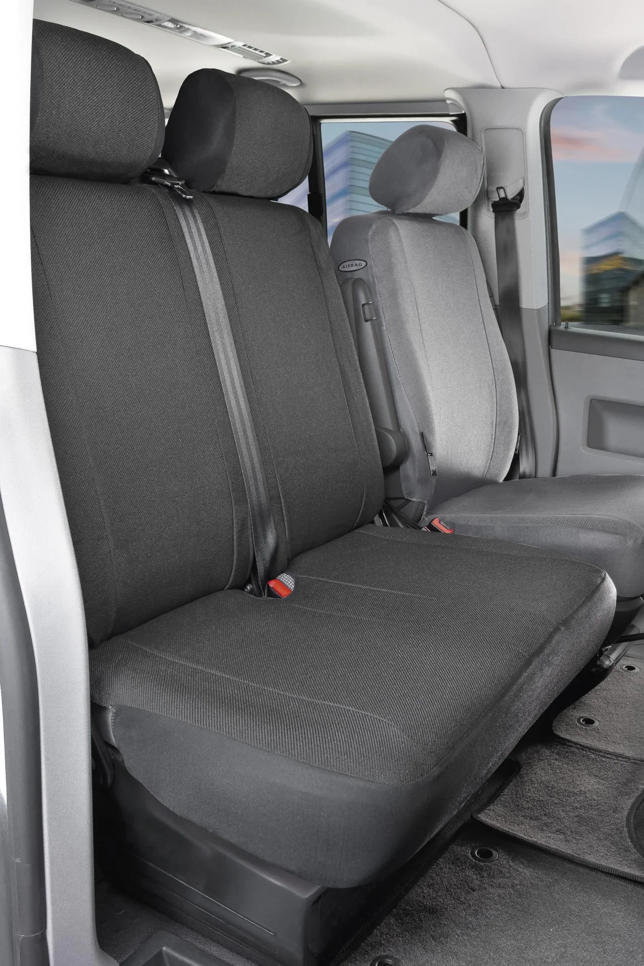 Passform Sitzbezüge VW T6für Doppelbank vorne umlegbar aus Stoff ab Baujahr 07/2015 bis heute - 1