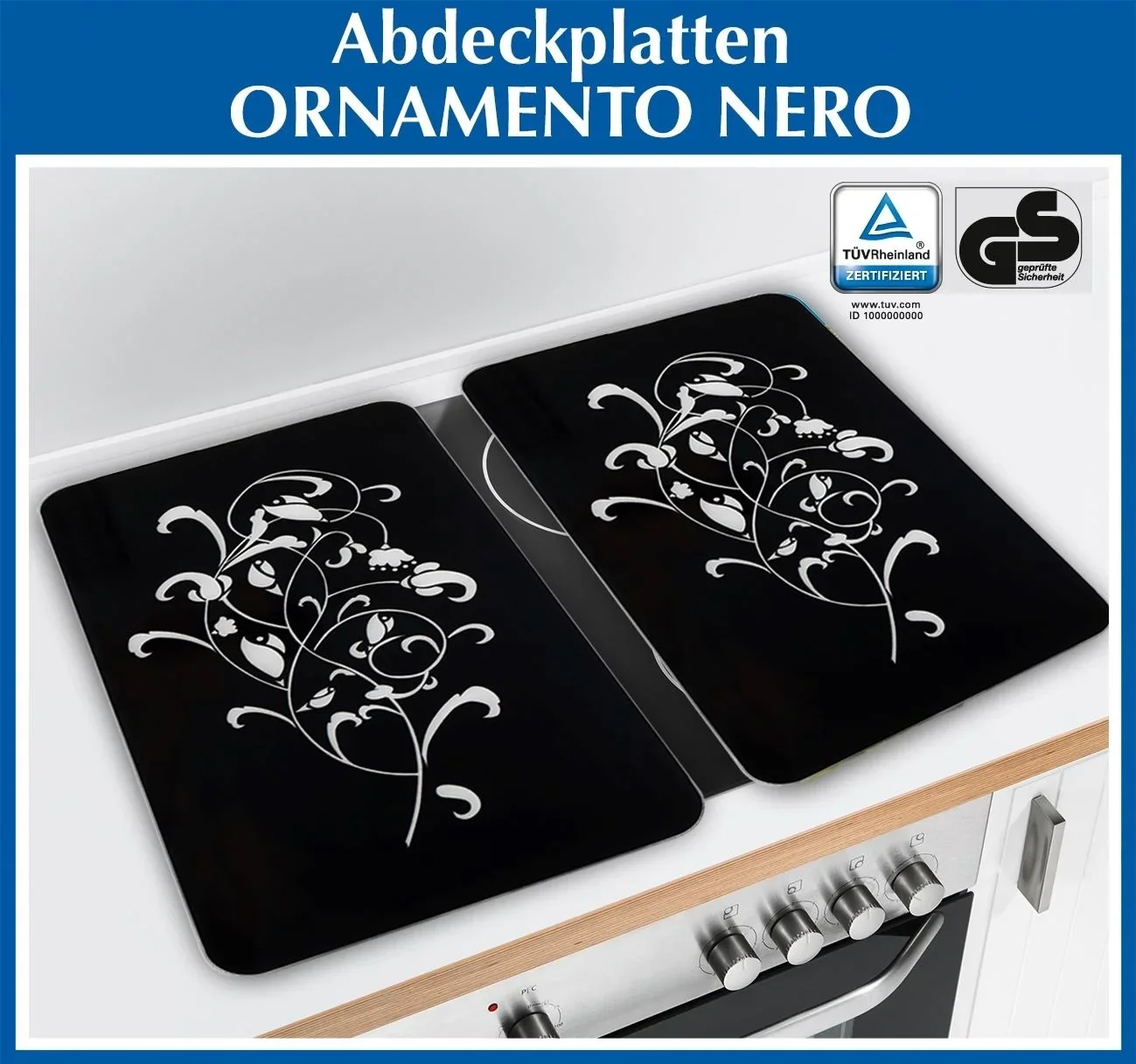 3 in 1 Herd-Abdeckplatten, Schneidbretter, „Nero“, aus Glaskeramik, Ornament-Design, 52 x 30 cm, 2er-Set - 0