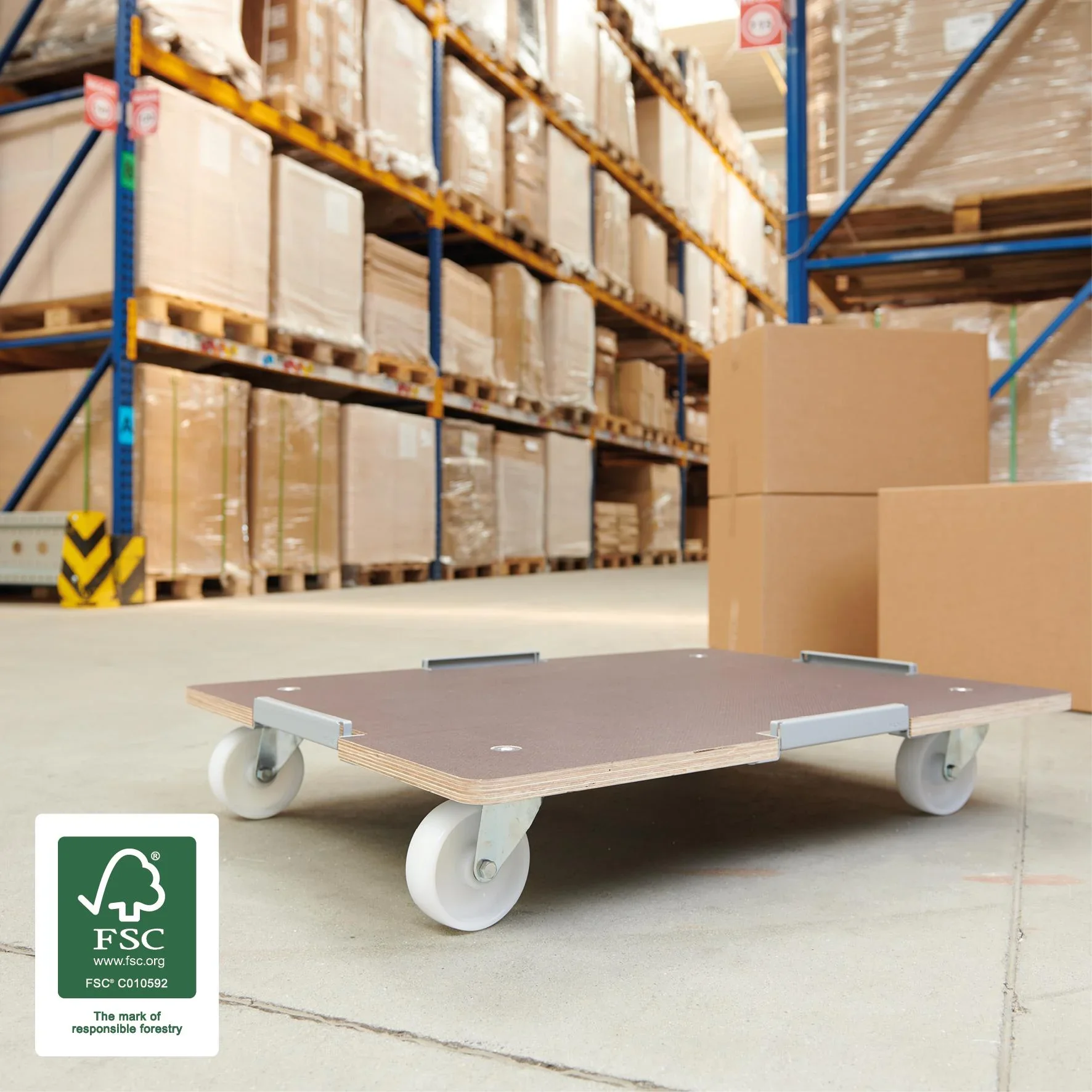 Transporthilfe MM 1379, 80 x 60 x 13,5 cm, harte Rollen Ø 100 mm, Rollenlager, Platte Maxigrip FSC®, Tragkraft 400 kg - 5