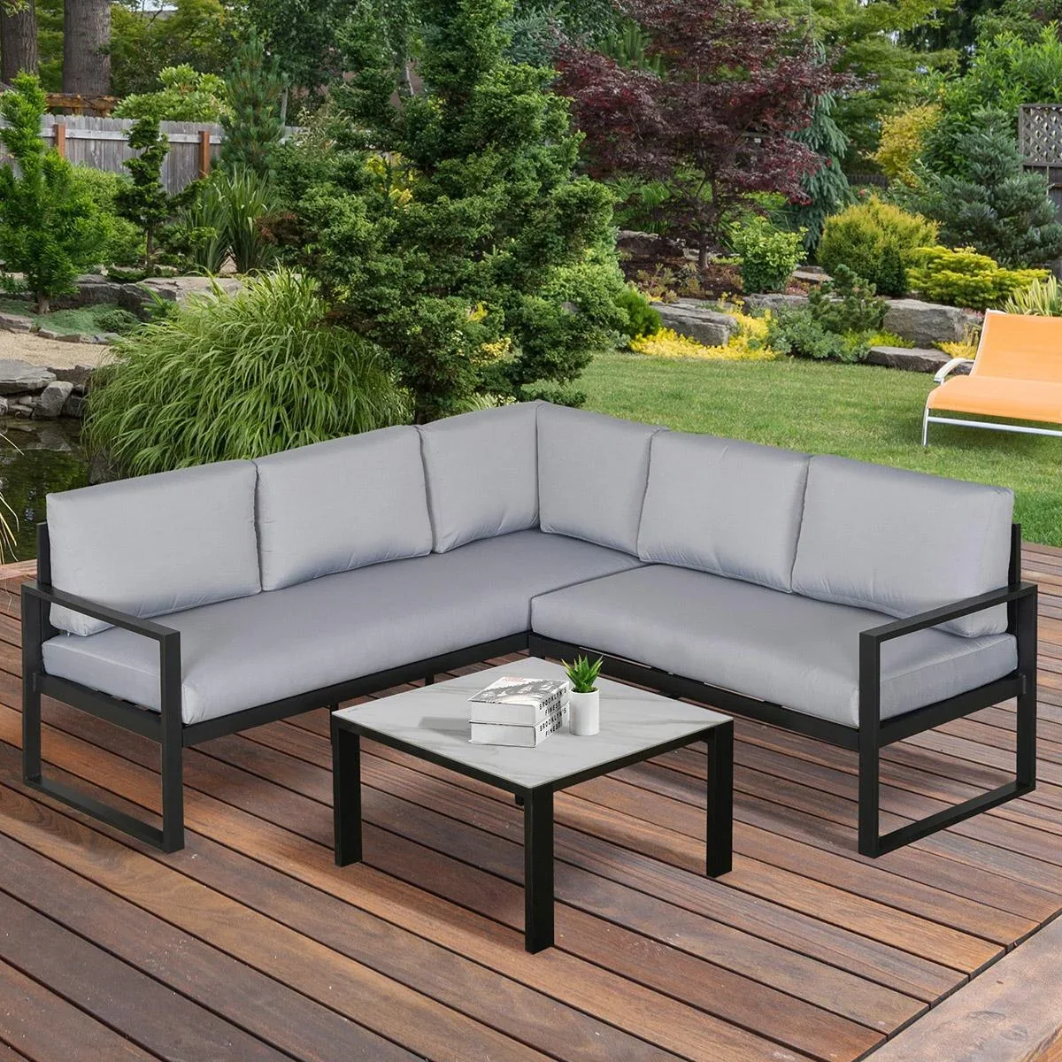 3-tlg. Gartengarnitur Gartenmöbel-Set Gartenset Sitzgruppe mit Couchtisch Sofa mit Kissen Outdoor Aluminium Grau - 1