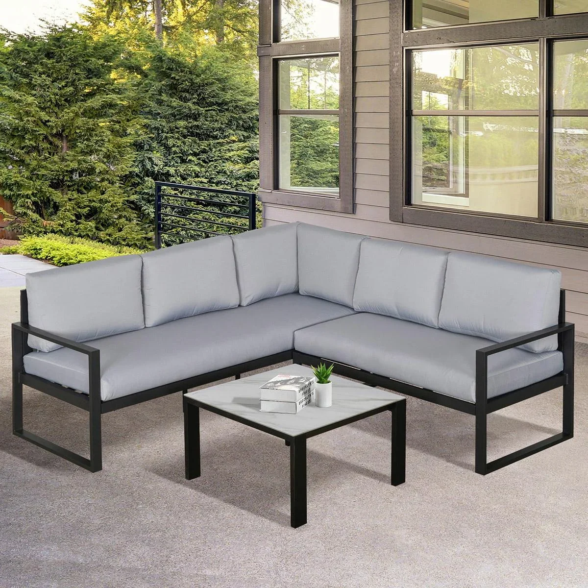 3-tlg. Gartengarnitur Gartenmöbel-Set Gartenset Sitzgruppe mit Couchtisch Sofa mit Kissen Outdoor Aluminium Grau - 2