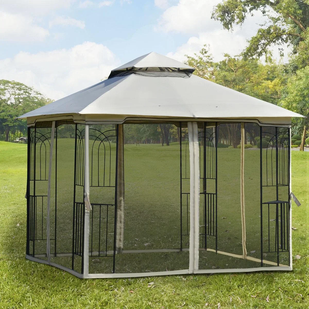 Gartenpavillon mit Doppeldach Pavillon Gartenzelt Festzelt Partyzelt mit 4 x Seitenwand Metall+Polyester Beige 3 x 3 x 2 - 2