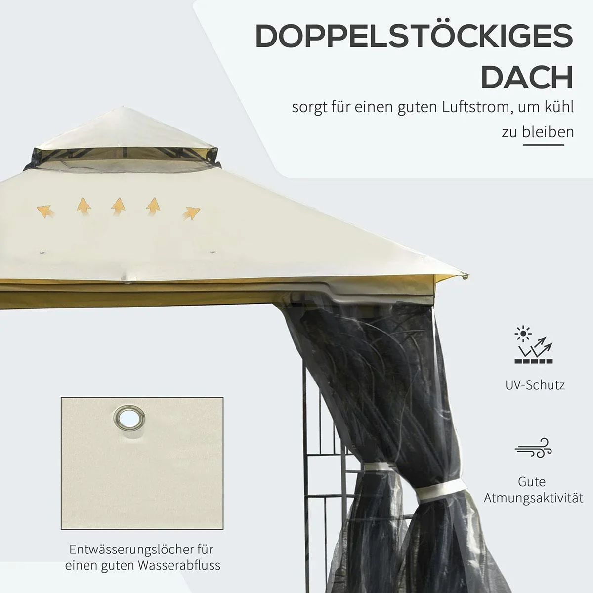 Gartenpavillon mit Doppeldach Pavillon Gartenzelt Festzelt Partyzelt mit 4 x Seitenwand Metall+Polyester Beige 3 x 3 x 2 - 3