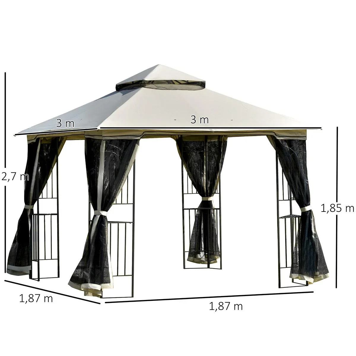 Gartenpavillon mit Doppeldach Pavillon Gartenzelt Festzelt Partyzelt mit 4 x Seitenwand Metall+Polyester Beige 3 x 3 x 2 - 4