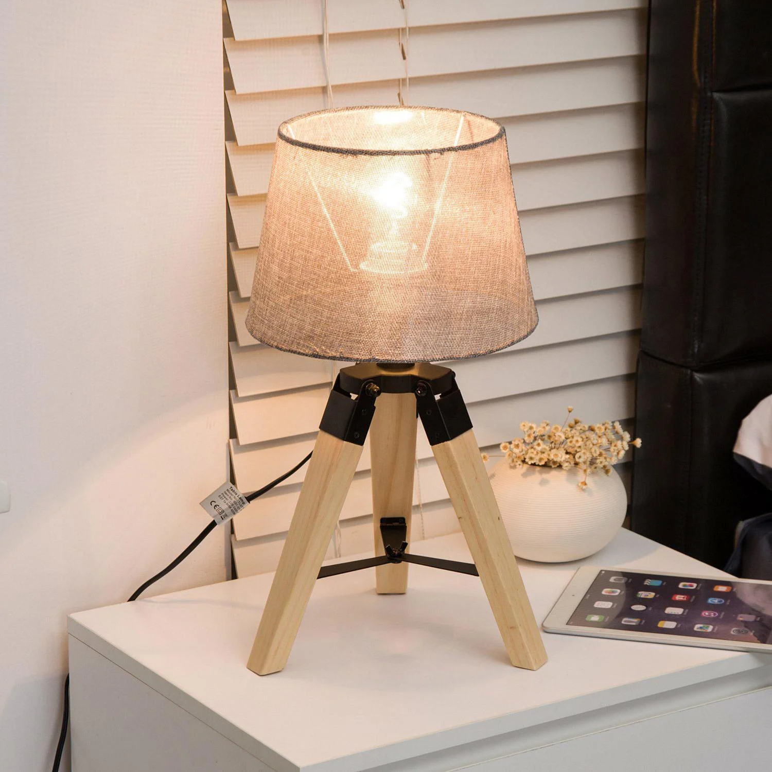 Tischlampe Dreibein Tischleuchte E27 Leinenoptik Kiefer Grau - 3