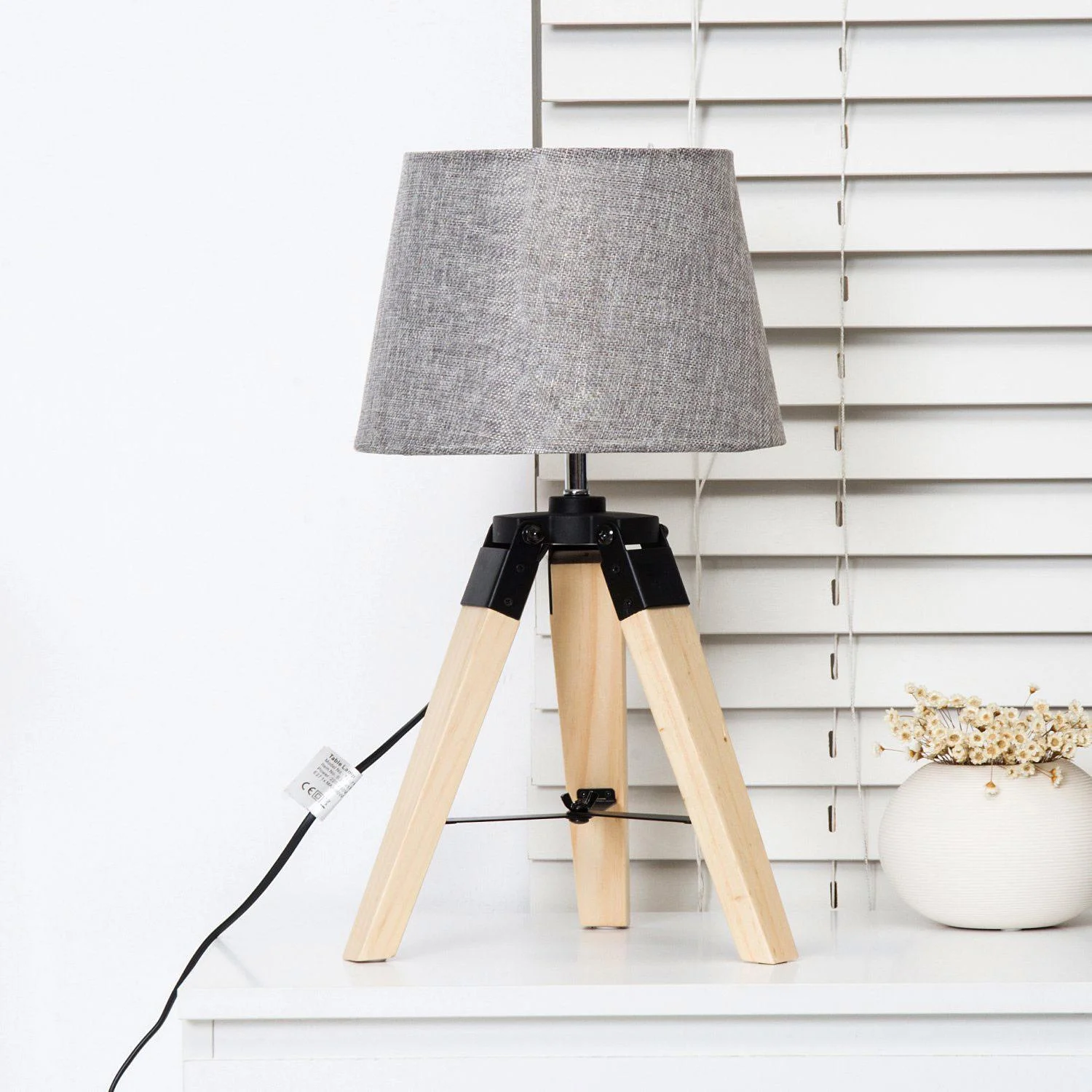 Tischlampe Dreibein Tischleuchte E27 Leinenoptik Kiefer Grau - 6