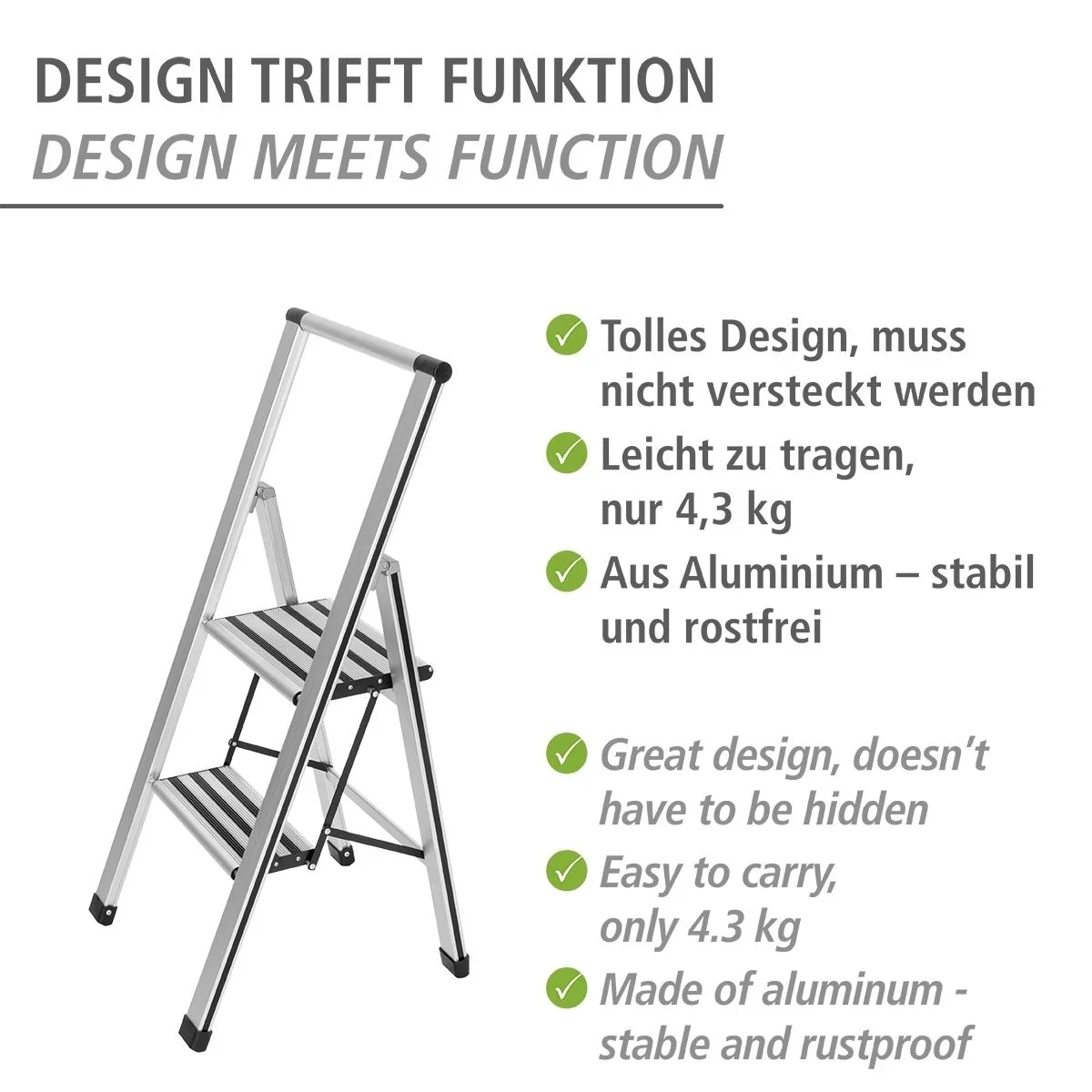 Alu-Design Klapptrittleiter 1-stufig Silber, rutschfeste Haushaltsleiter, Sicherheits-Stehleiter - 0