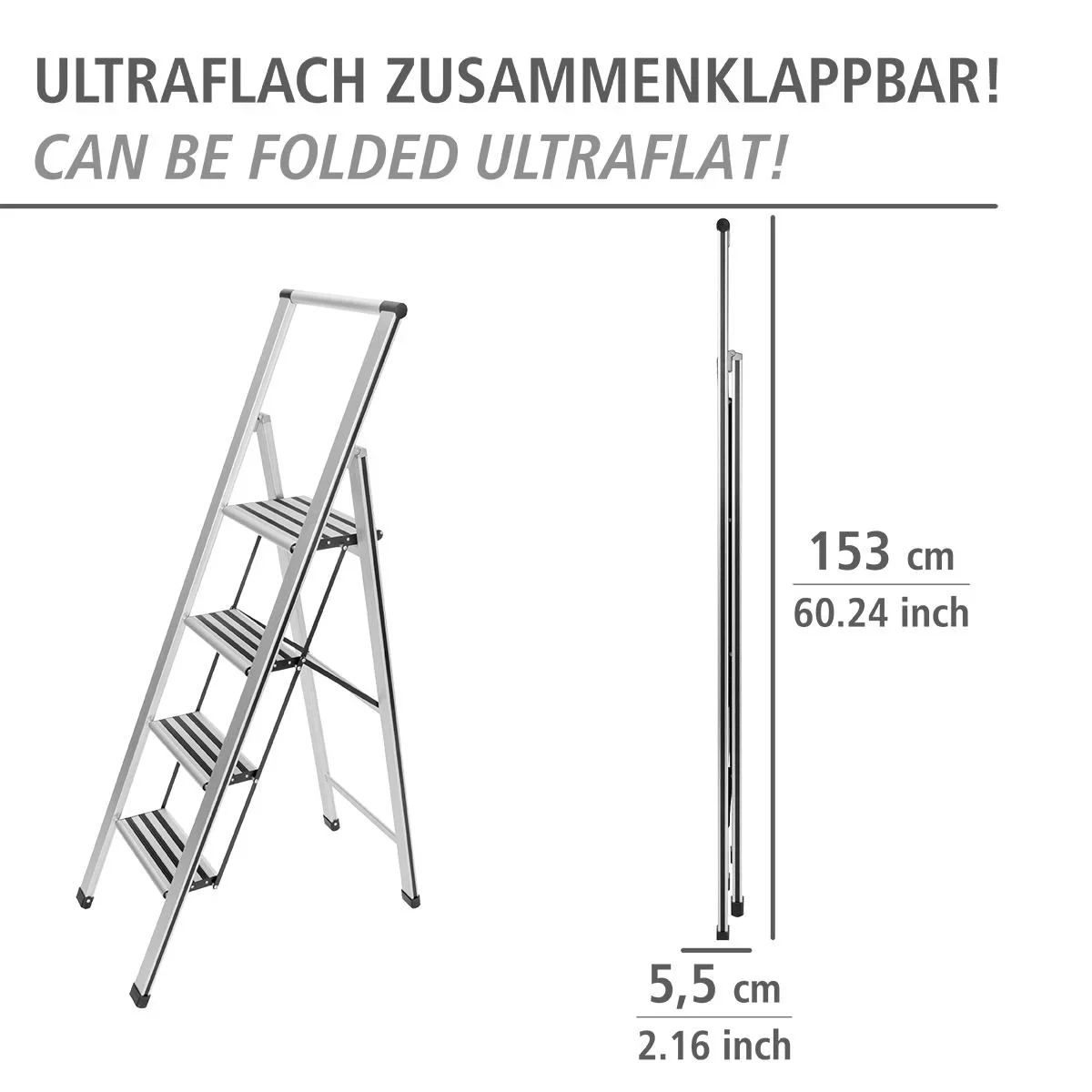 Alu-Design Klapptrittleiter 1-stufig Silber, rutschfeste Haushaltsleiter, Sicherheits-Stehleiter - 3