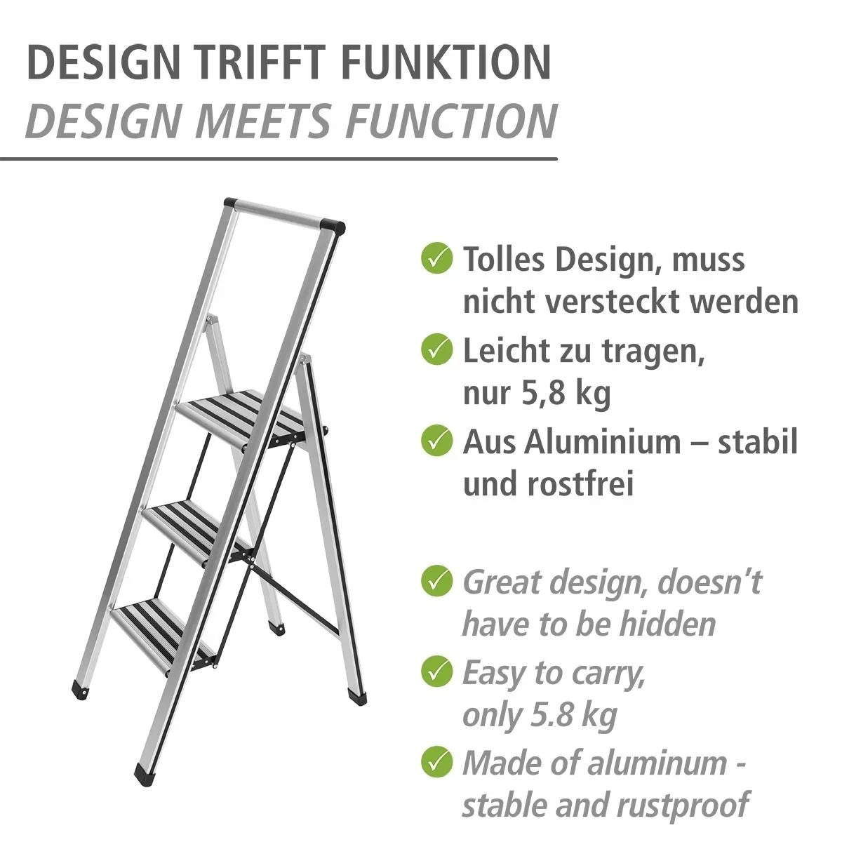 Alu-Design Klapptrittleiter 1-stufig Silber, rutschfeste Haushaltsleiter, Sicherheits-Stehleiter - 4