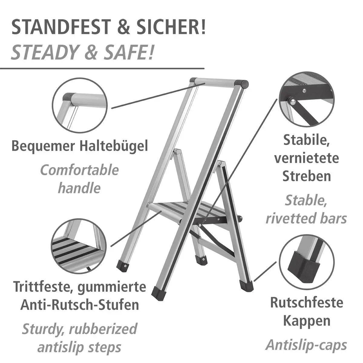 Alu-Design Klapptrittleiter 1-stufig Silber, rutschfeste Haushaltsleiter, Sicherheits-Stehleiter - 6