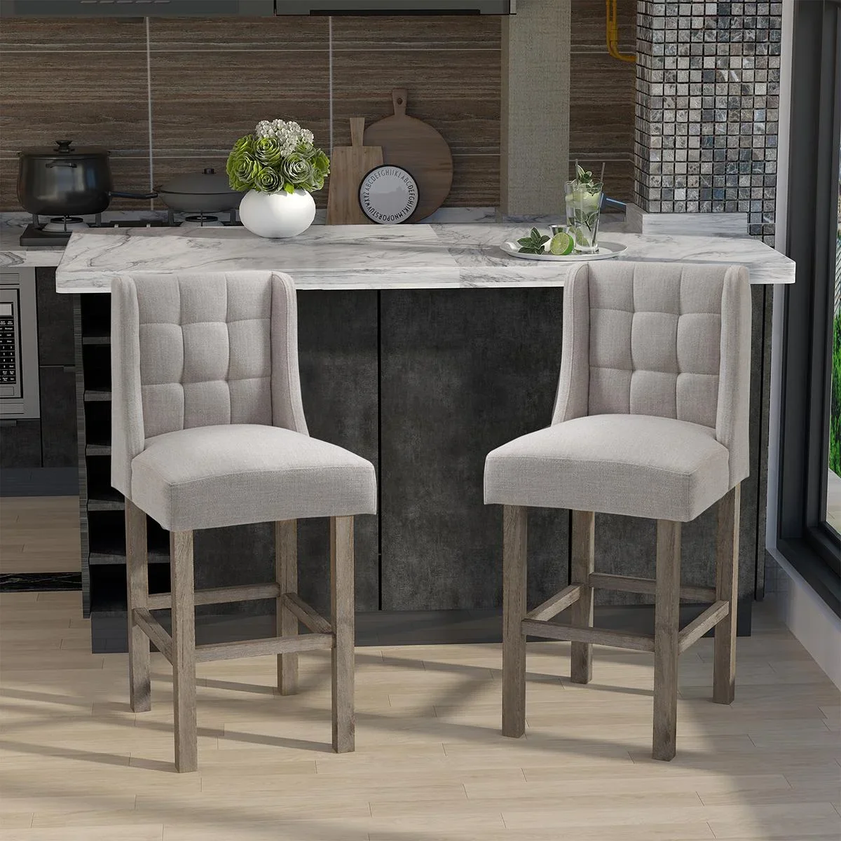 2er-Set Barhocker moderne Küchenstühle Barstühle für Küche mit niedriger Rückenlehne Leinen-Touch Gummiholz Beige 47 x 5 - 2