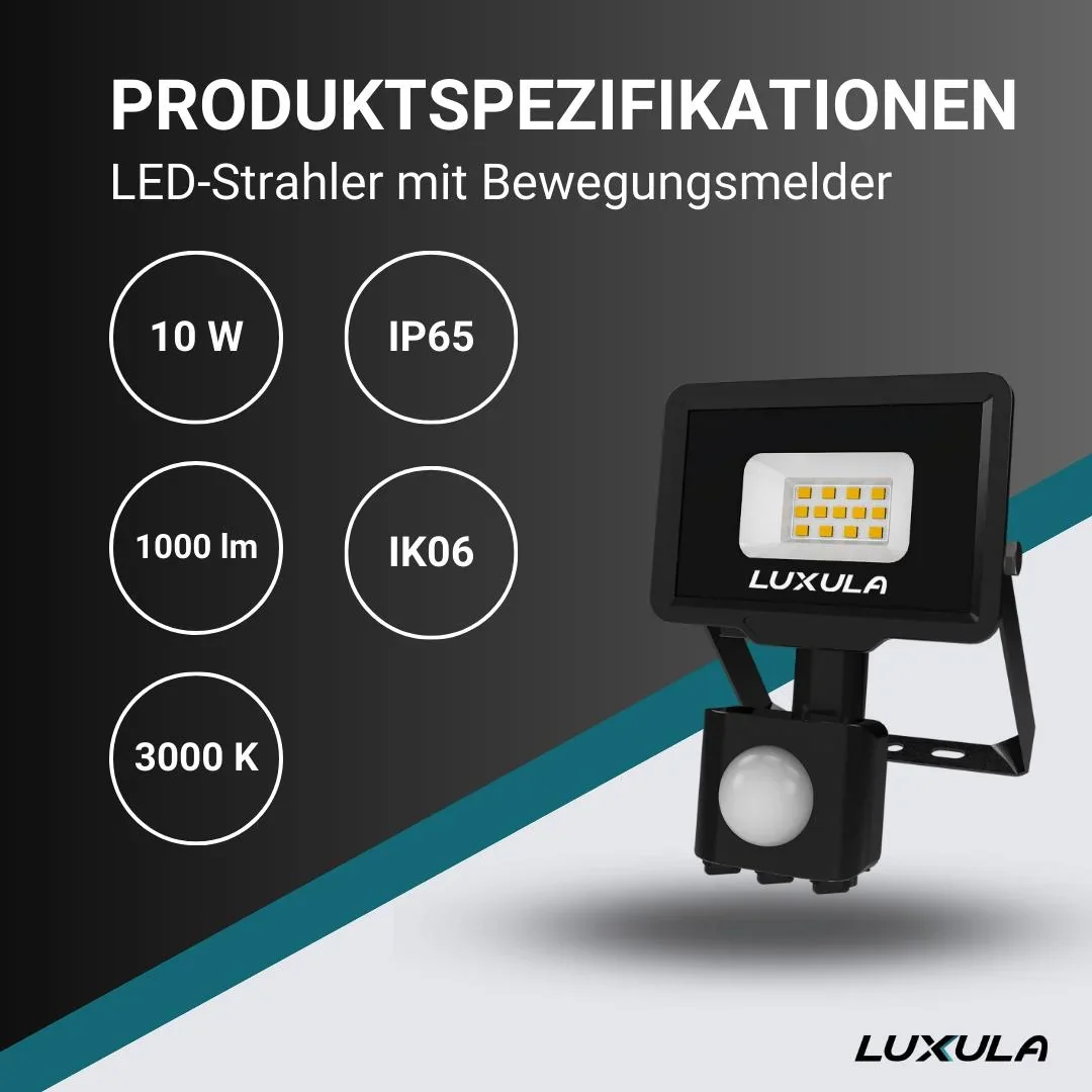 LED-Fluter in schwarz mit Bewegungsmelder bietet 10 W, 3000 K (warmweiß), 1000 lm & IP65 Schutz - 0