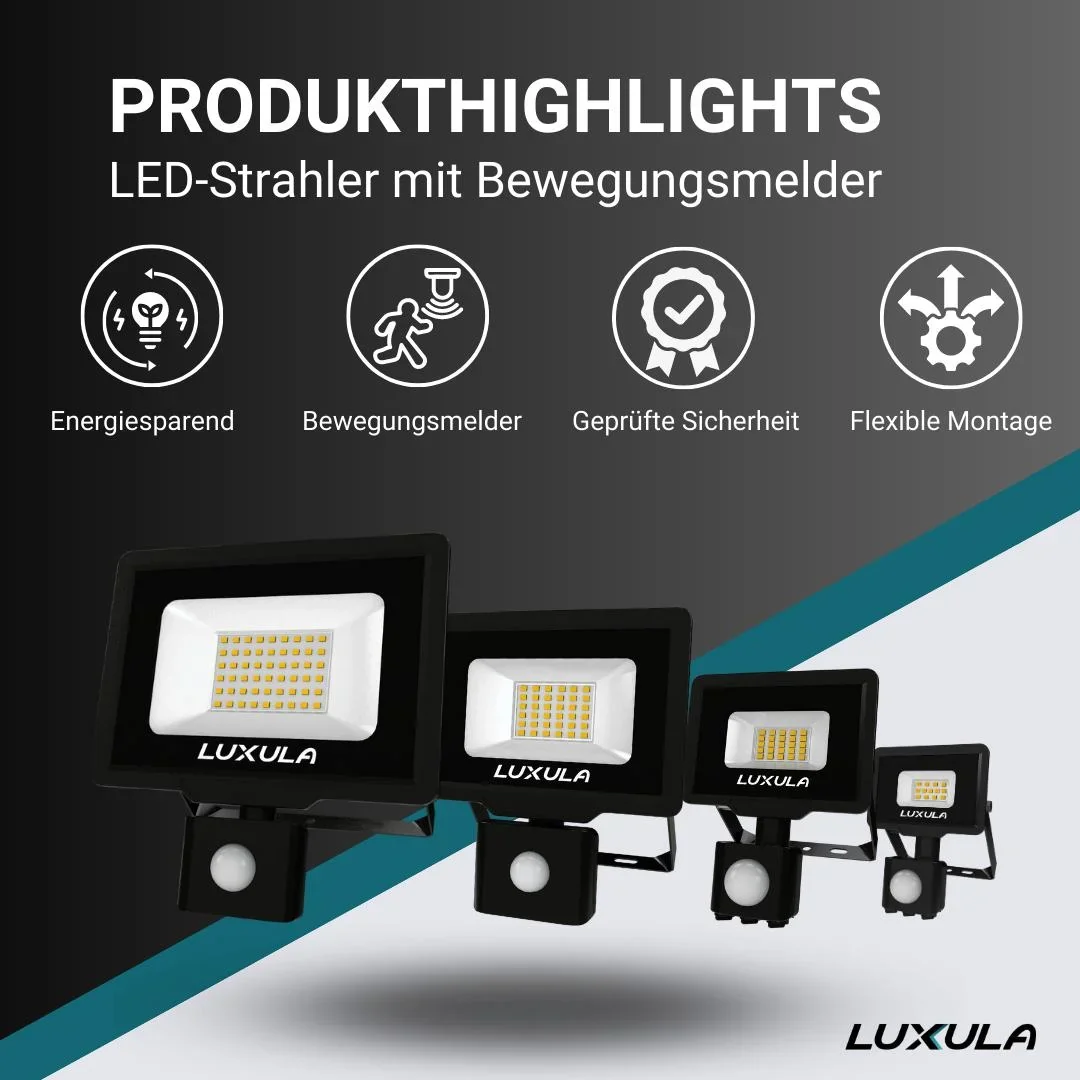 LED-Fluter in schwarz mit Bewegungsmelder bietet 10 W, 3000 K (warmweiß), 1000 lm & IP65 Schutz - 1