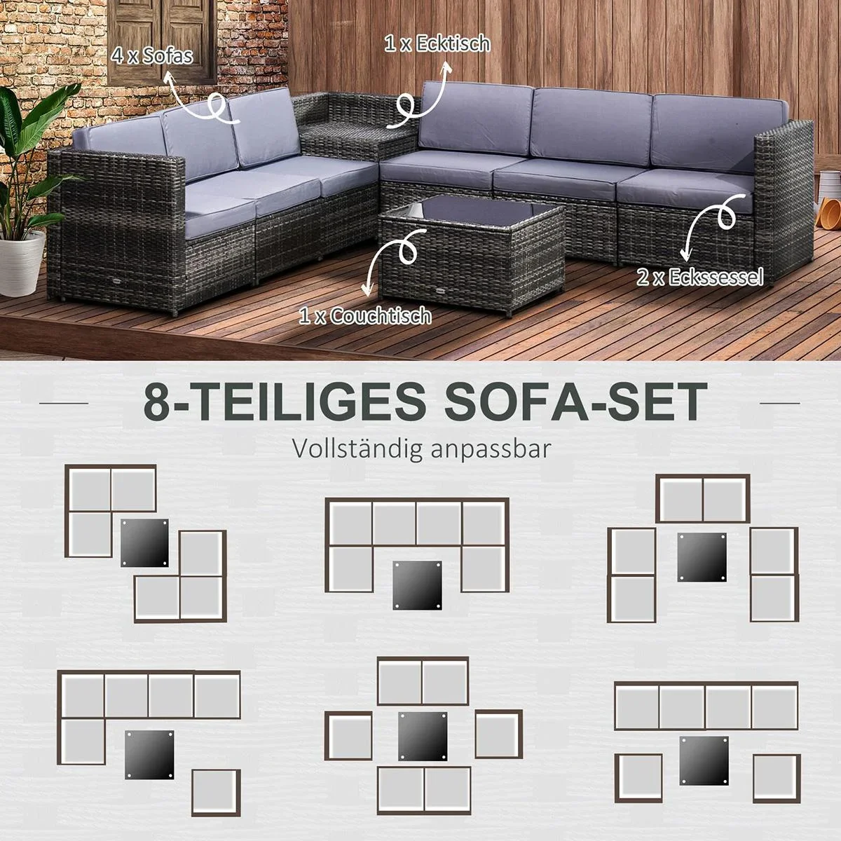 Polyrattan Lounge Set 8-teilig inkl. Kissen - 3