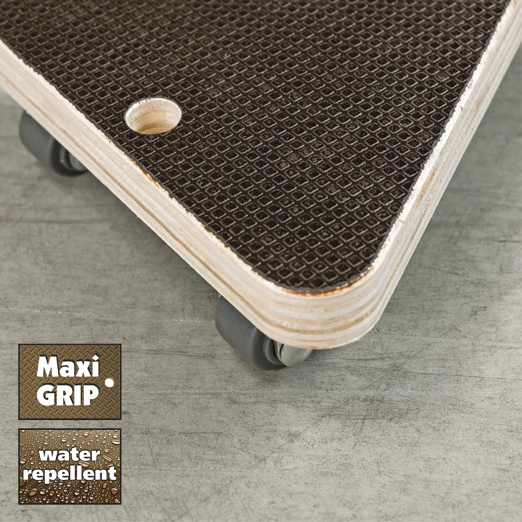 Transporthilfe MM 1314, 14 x 14 x 14 x 4,5 mm, softe Rollen Ø 20 mm, Multiplexplatte Maxigrip FSC®, Tragkraft 100 kg - 0