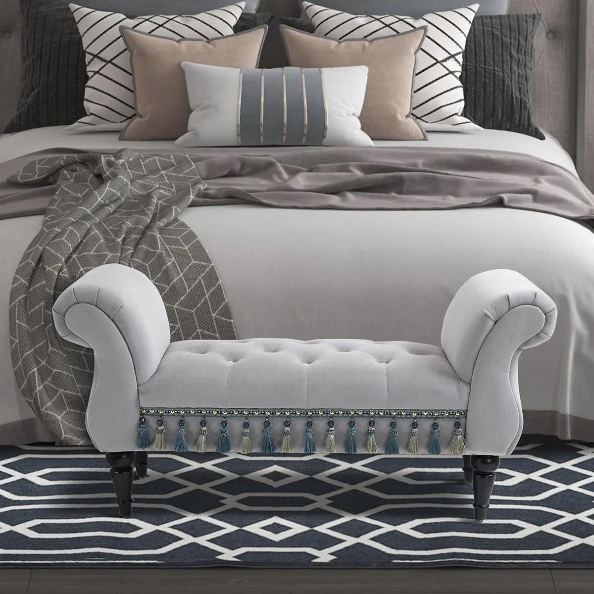 Luxus Sitzbank Polsterbank Hockerbank Polyester Kautschuk Schaumstoff Grau 117 x 40 x 58 cm - 1