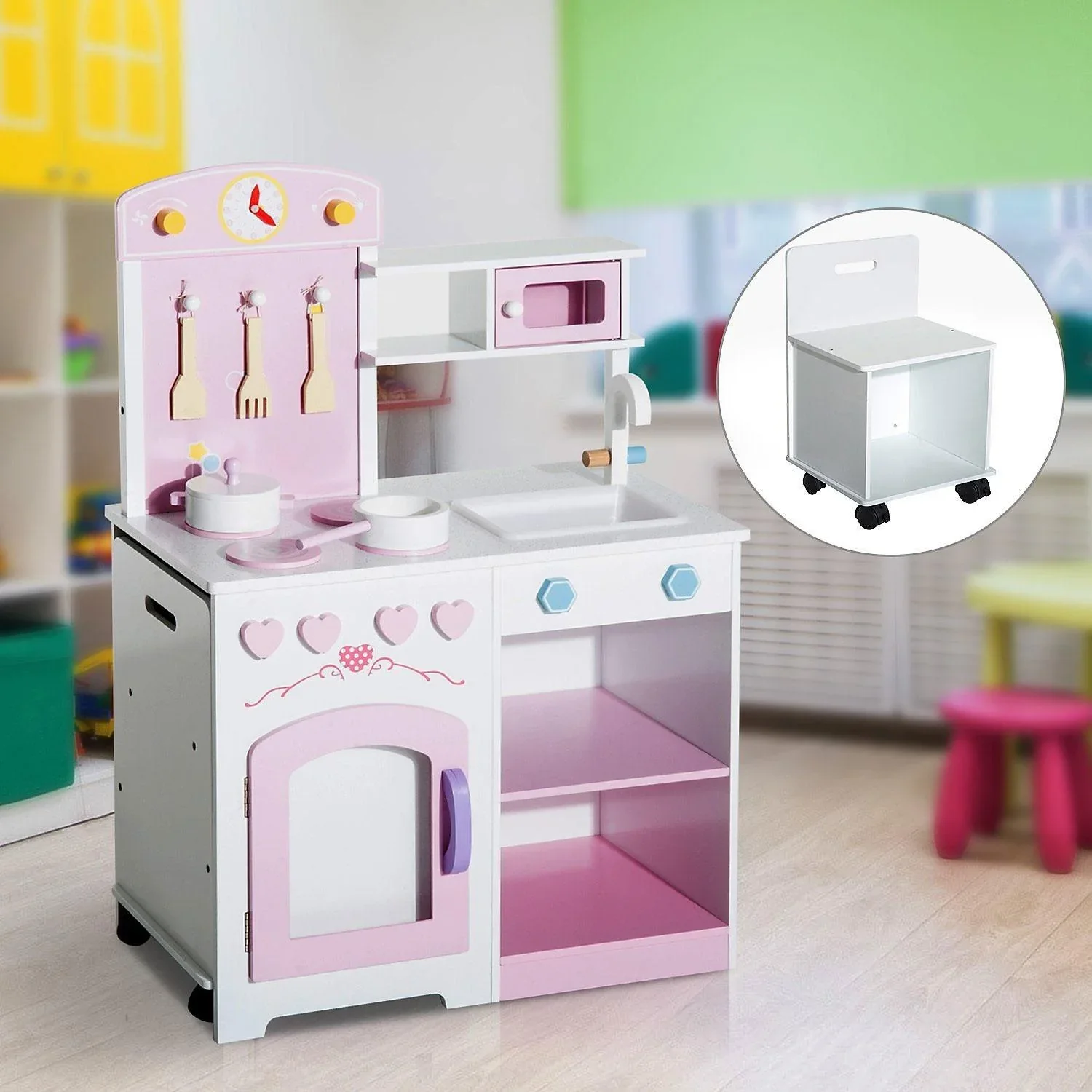 Kinderküche Spielküche mit Zubehör Hocker Holz Rosa - 0