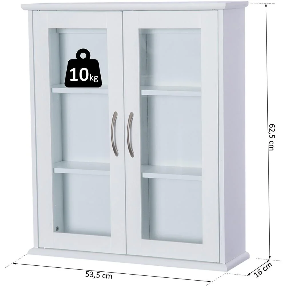 Wandschrank Hängeschrank Badschrank Mehrzweckschrank Küchenschrank 2 x Glastür Holz Weiß 53,5 x 16 x 62,5 cm - 0