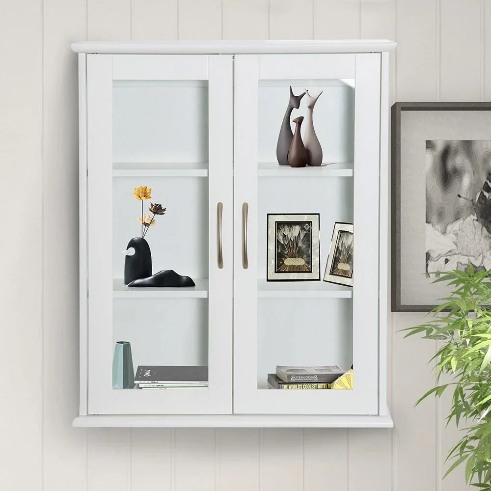 Wandschrank Hängeschrank Badschrank Mehrzweckschrank Küchenschrank 2 x Glastür Holz Weiß 53,5 x 16 x 62,5 cm - 1