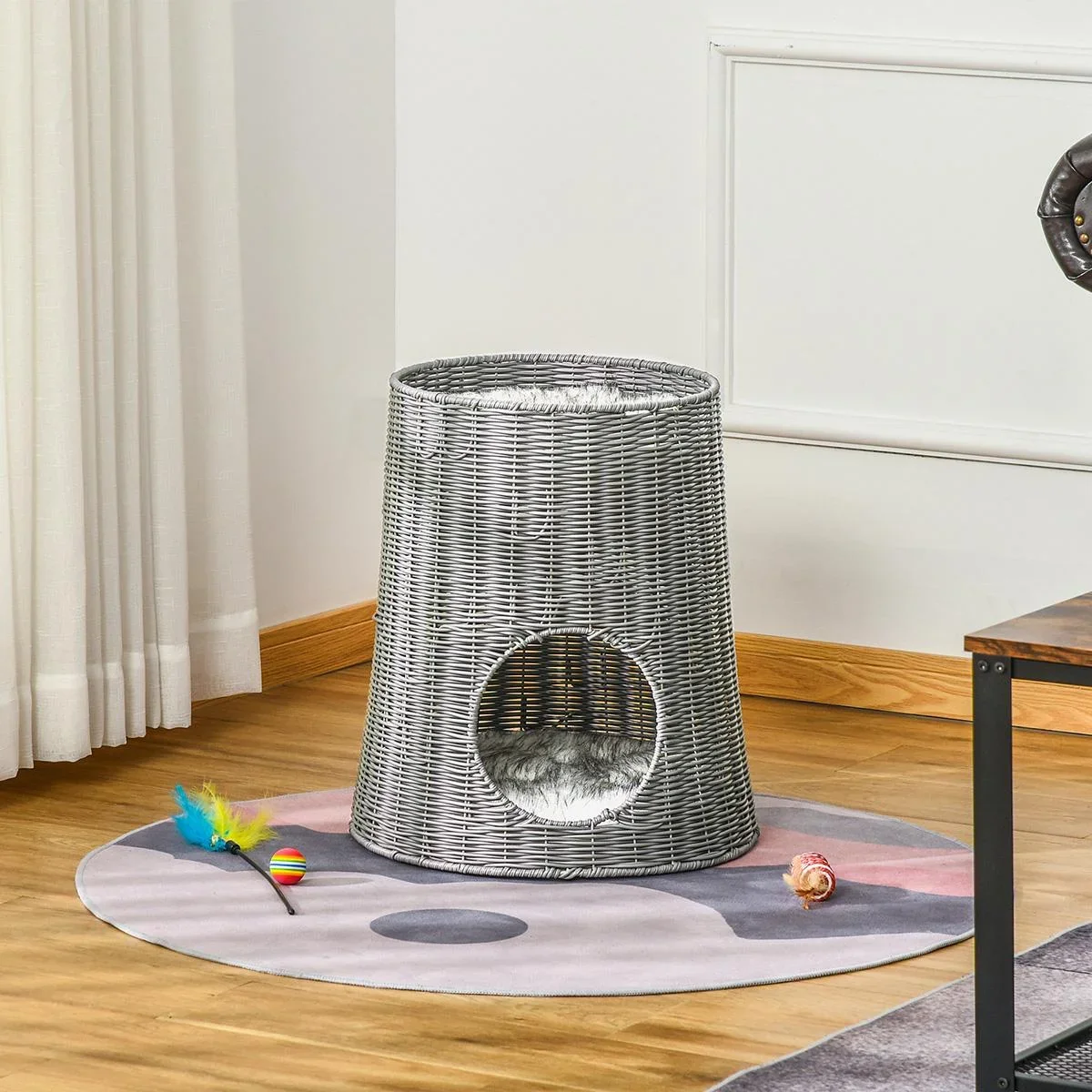 zweistöckiges Katzenhaus Katzenbett Katzenhöhle Katzenkorb mit 2 Kissen Weidenkorb mit Liegedach geschlossenes Design ha - 0