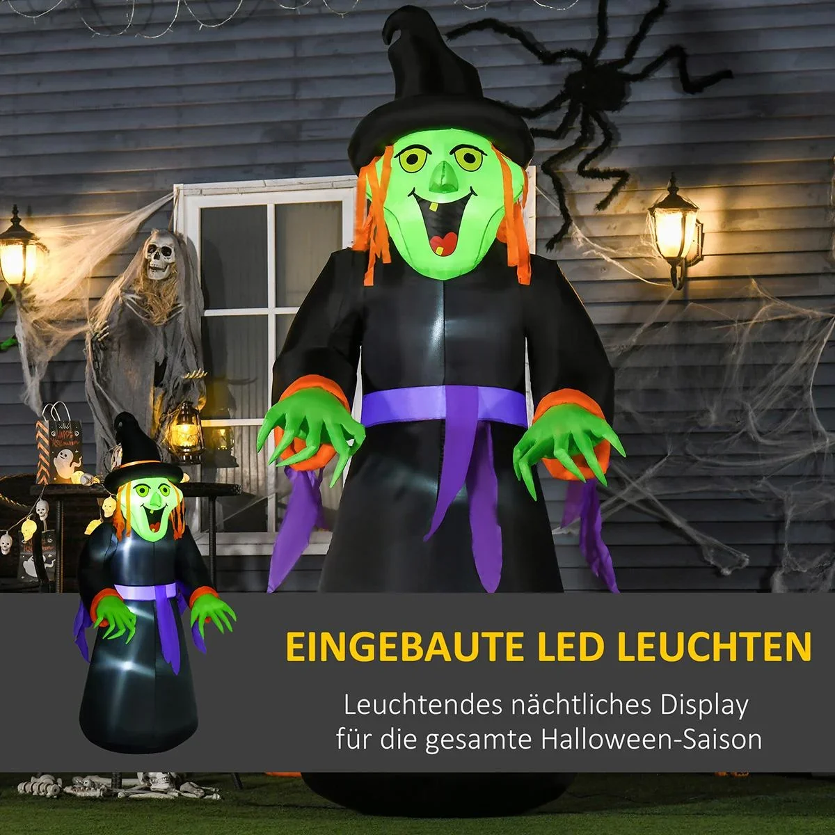 Aufblasbare Hexen Hexenkessel Figur Luftfigur Halloween Deko mit LED Beleuchtung Polyester Schwarz 100 x 100x 252 cm - 0