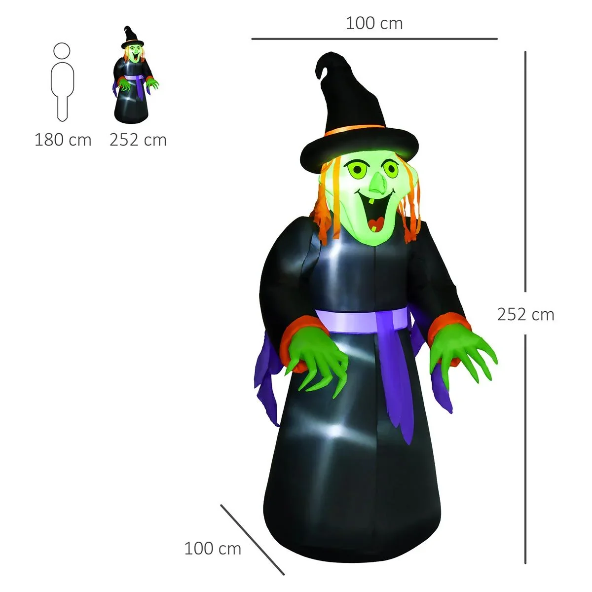 Aufblasbare Hexen Hexenkessel Figur Luftfigur Halloween Deko mit LED Beleuchtung Polyester Schwarz 100 x 100x 252 cm - 2