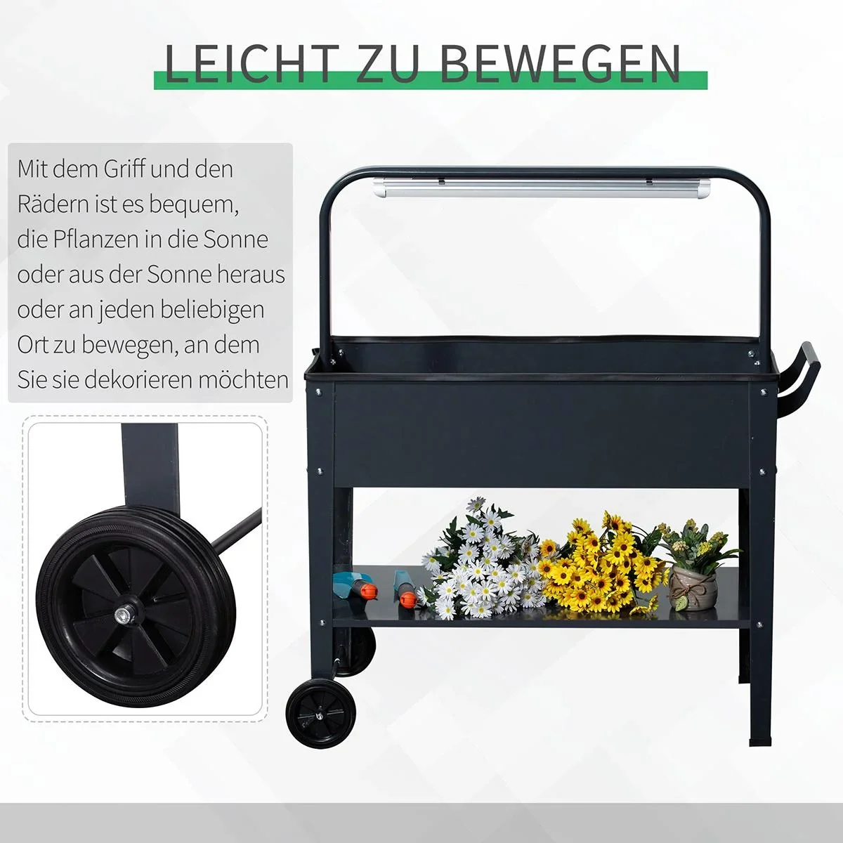 Hochbeet mit LED-Licht und Rädern dunkelgrau - 1