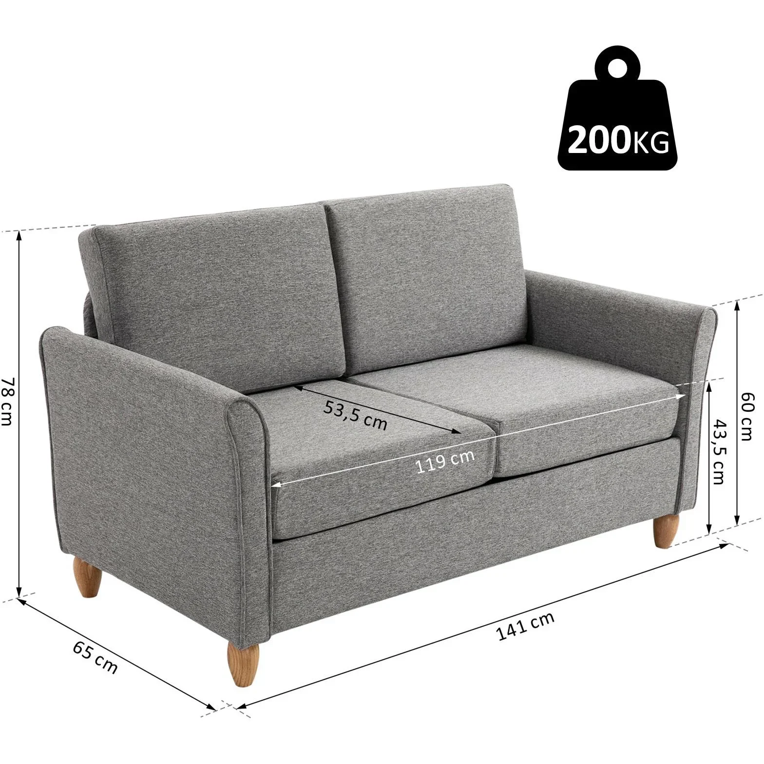 Doppelsofa Sofa 2-Sitzer Zweisitzer mit Kissen 200 kg Belastbarkeit Leinen Holzfüße Hellgrau 141 x 65 x 78 cm - 1
