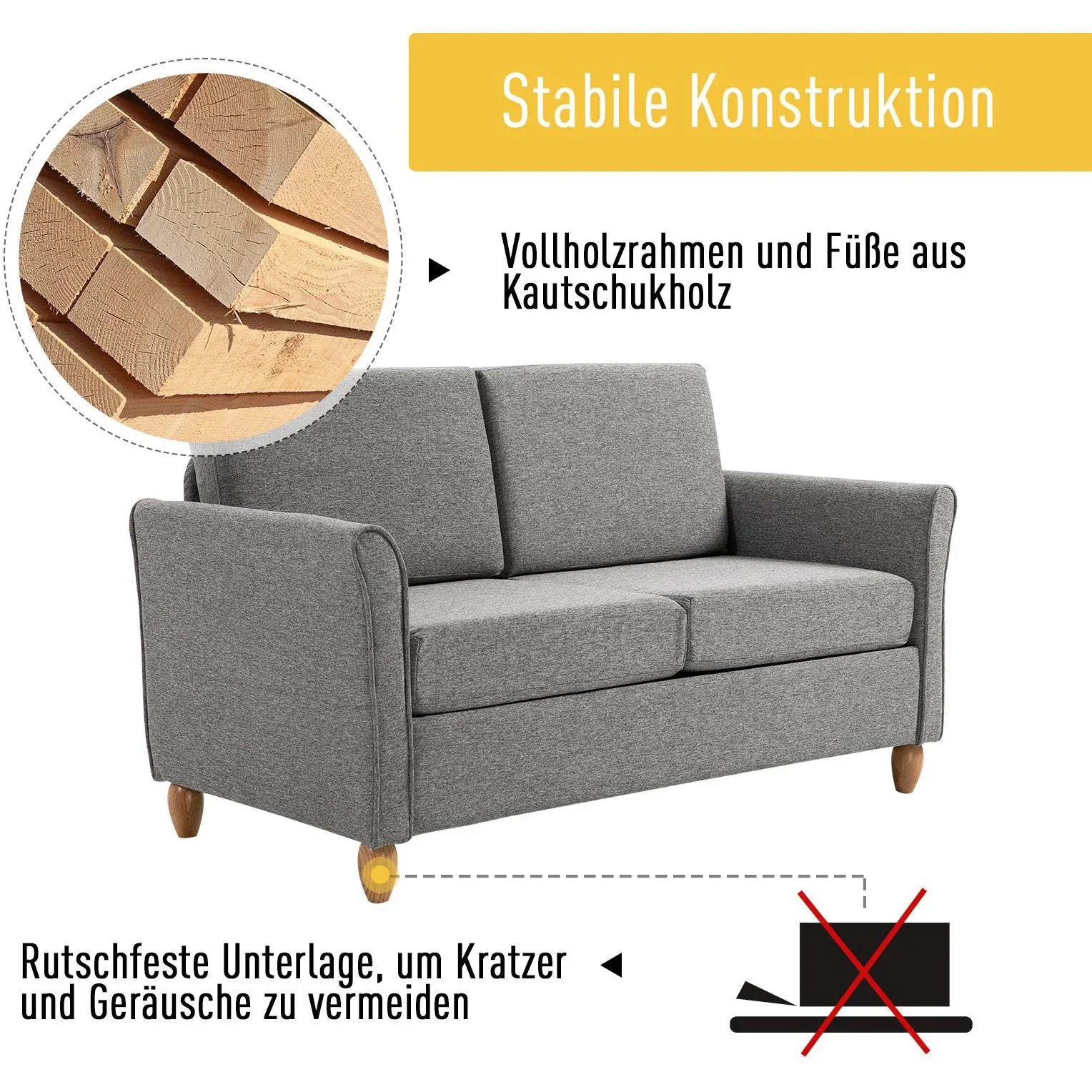 Doppelsofa Sofa 2-Sitzer Zweisitzer mit Kissen 200 kg Belastbarkeit Leinen Holzfüße Hellgrau 141 x 65 x 78 cm - 2
